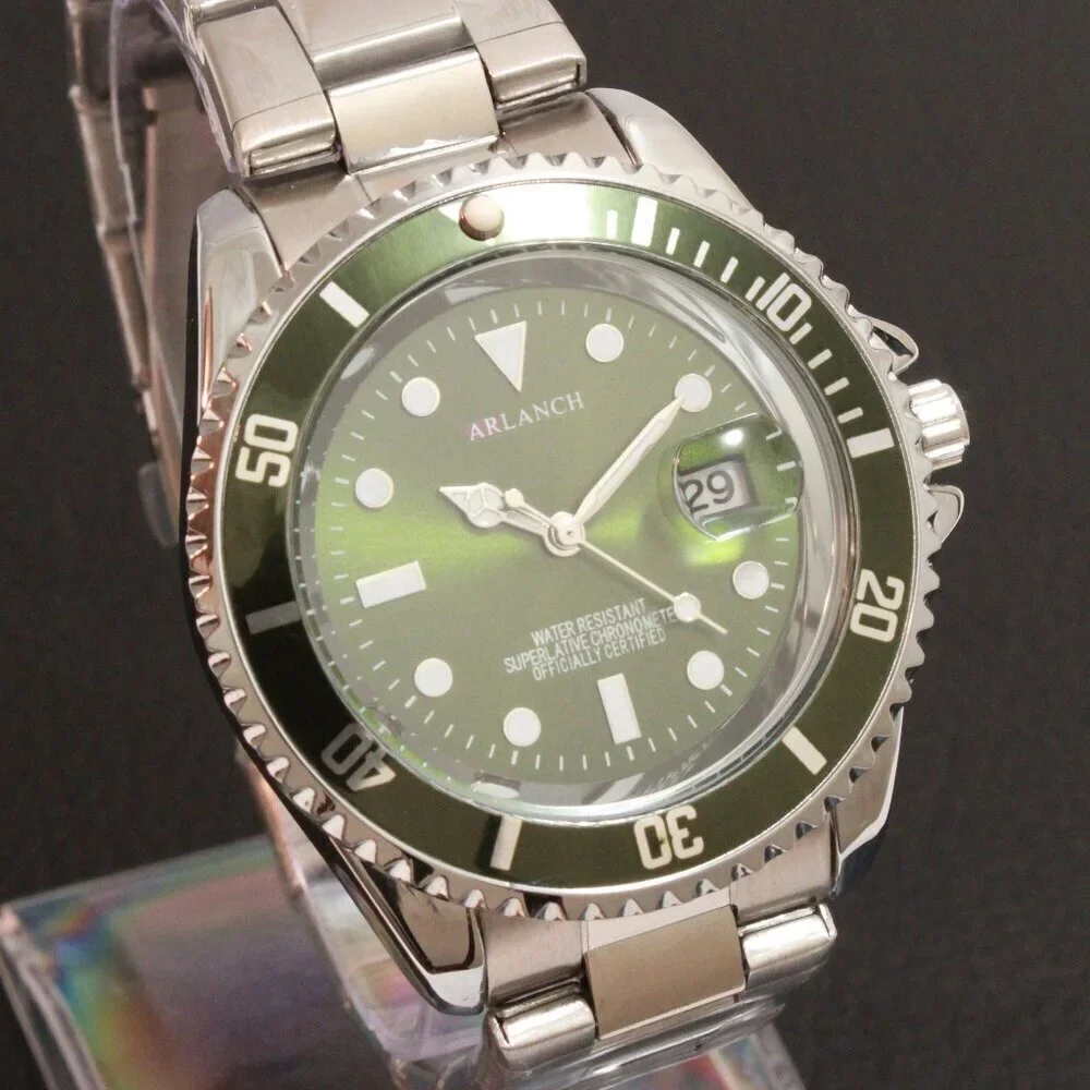 Men's Diver Style Watch Green Uni-directional Bezel Stainless Bracelet 40mm